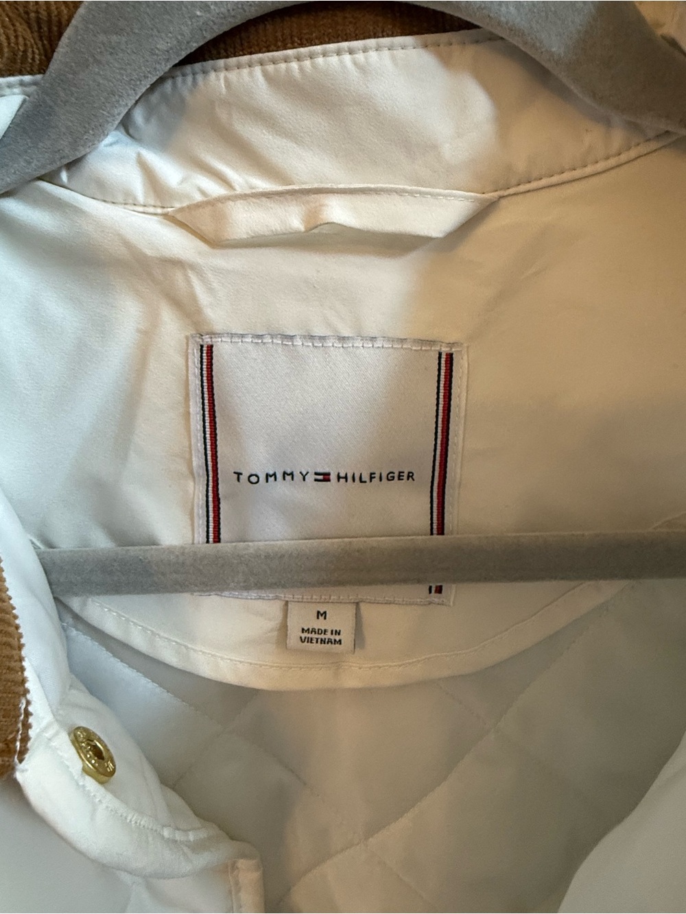 Tommy Hilfiger White Quilted Puffer Jacket with corduroy collar